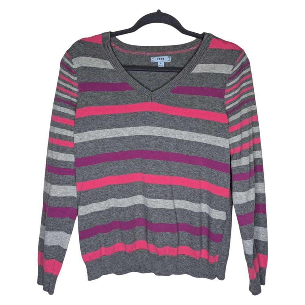 Izod V-Neck Sweater Womens Large Striped Gray Pink Purple Pullover Long Sleeve